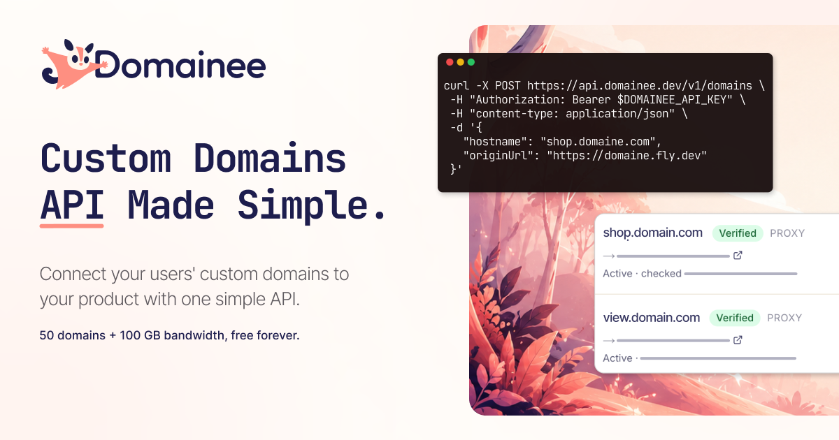 Domainee · Custom Domains API for SaaS · 50 domains free, forever